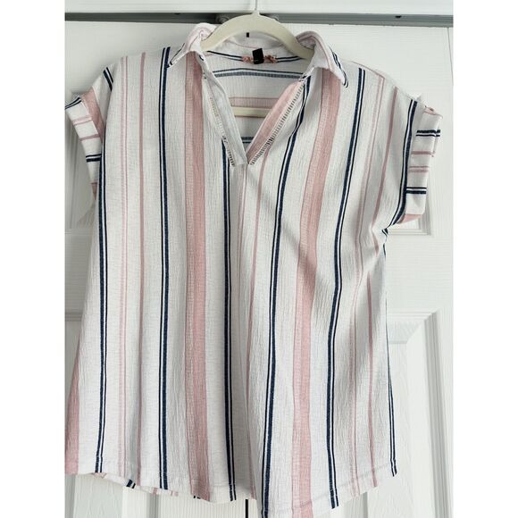 50th Street Shirt Women's Size SP Navy Pink Striped Short Sleeve V-Neck - Picture 3 of 11